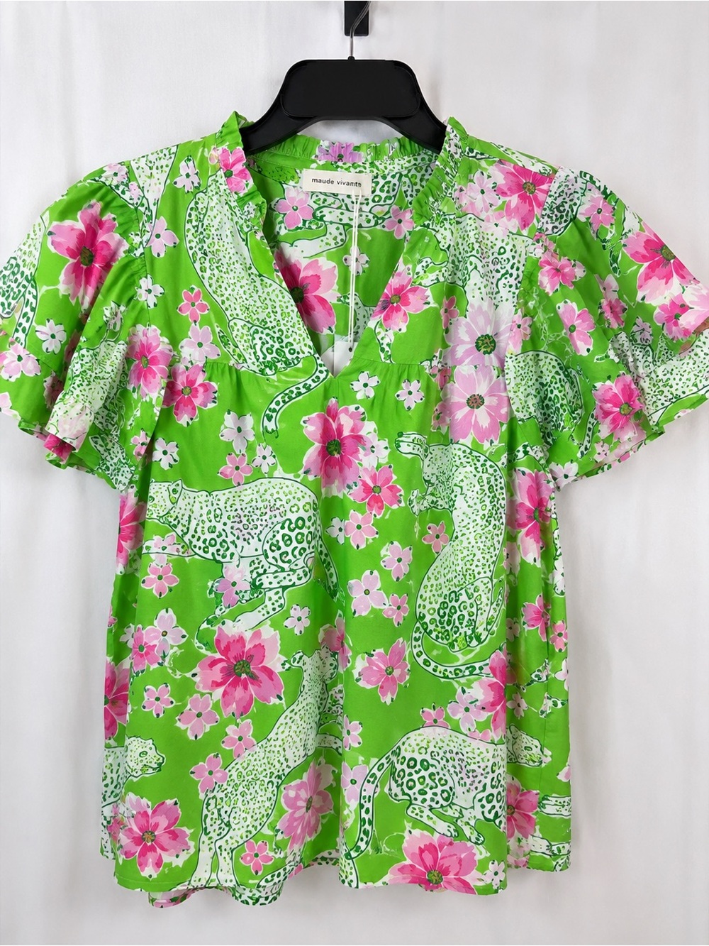 Maude Vivante Wren Green Pink Cheetah Floral Cotton Blouse Medium